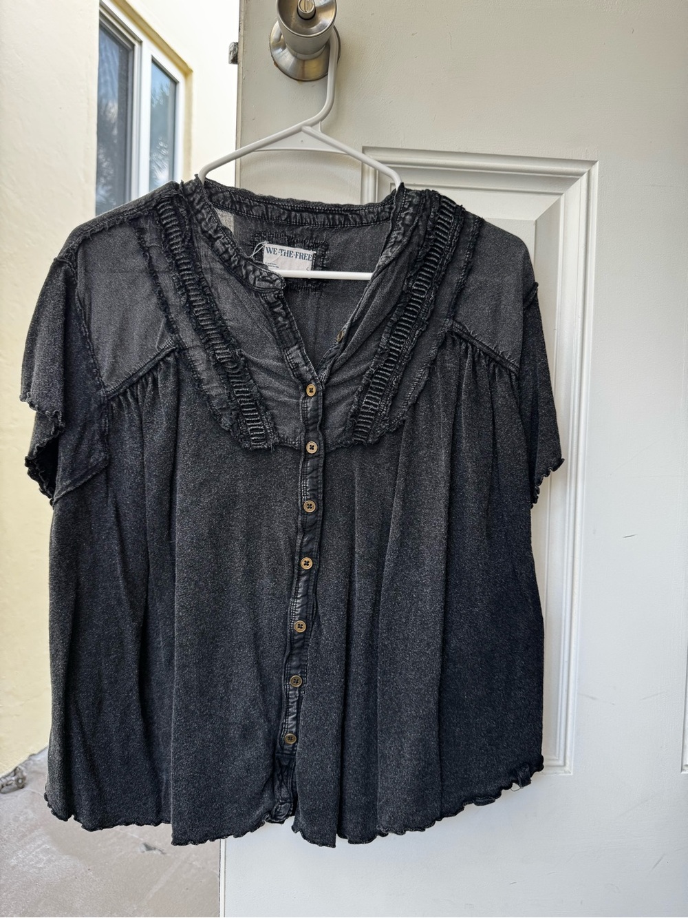 Free People Washed Black Short-Sleeve Button Down Top